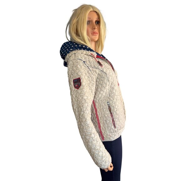 Almgwand Reversible Jacket Navy Polkadot/ Beige fleece S/M HTF - Picture 6 of 17